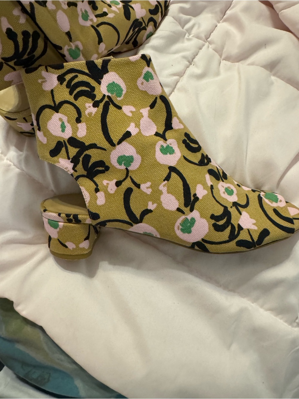 Marimekko Olive, Pink & Black Floral Canvas Peep-Toe Booties - Picture 5 of 9